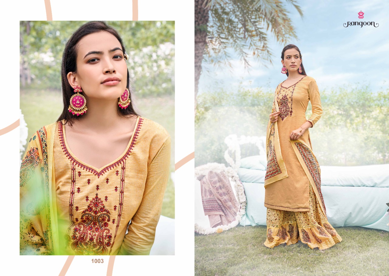 rangoon rashiya cotton exclusive print top  with sharara and dupatta catalog