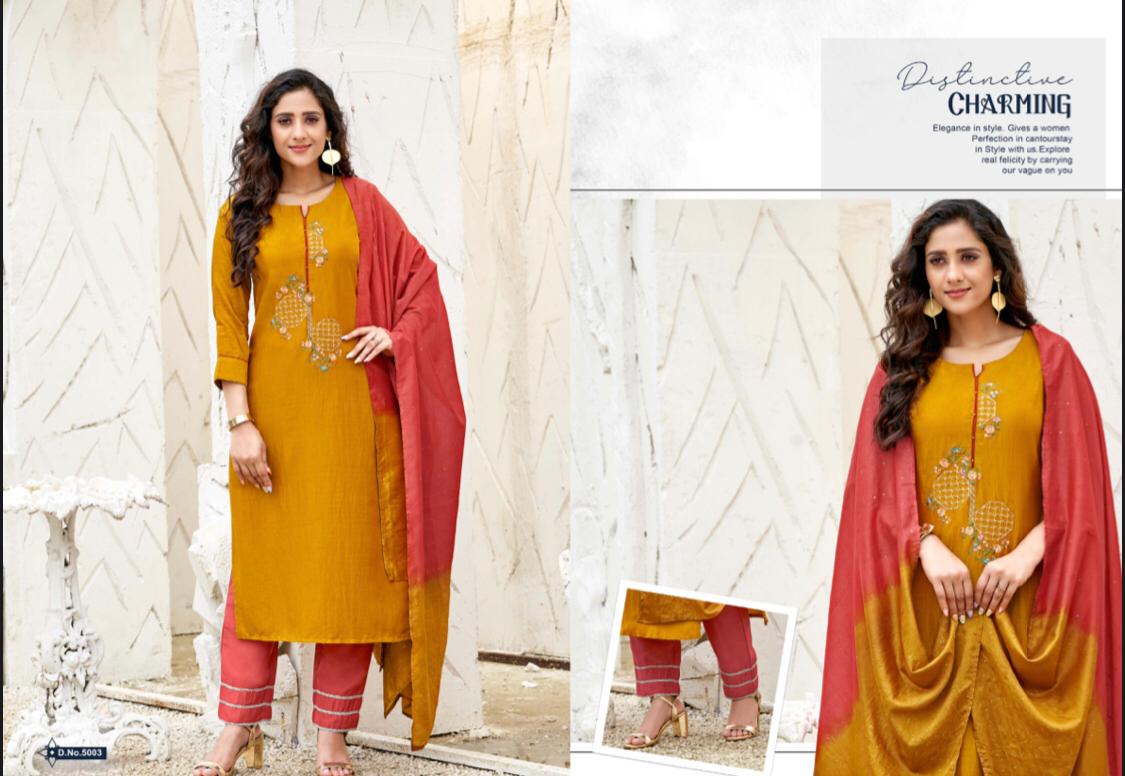 amaaya garments precious chinnon silk decent embroidary and colours kurti with bottom and dupatta catalog