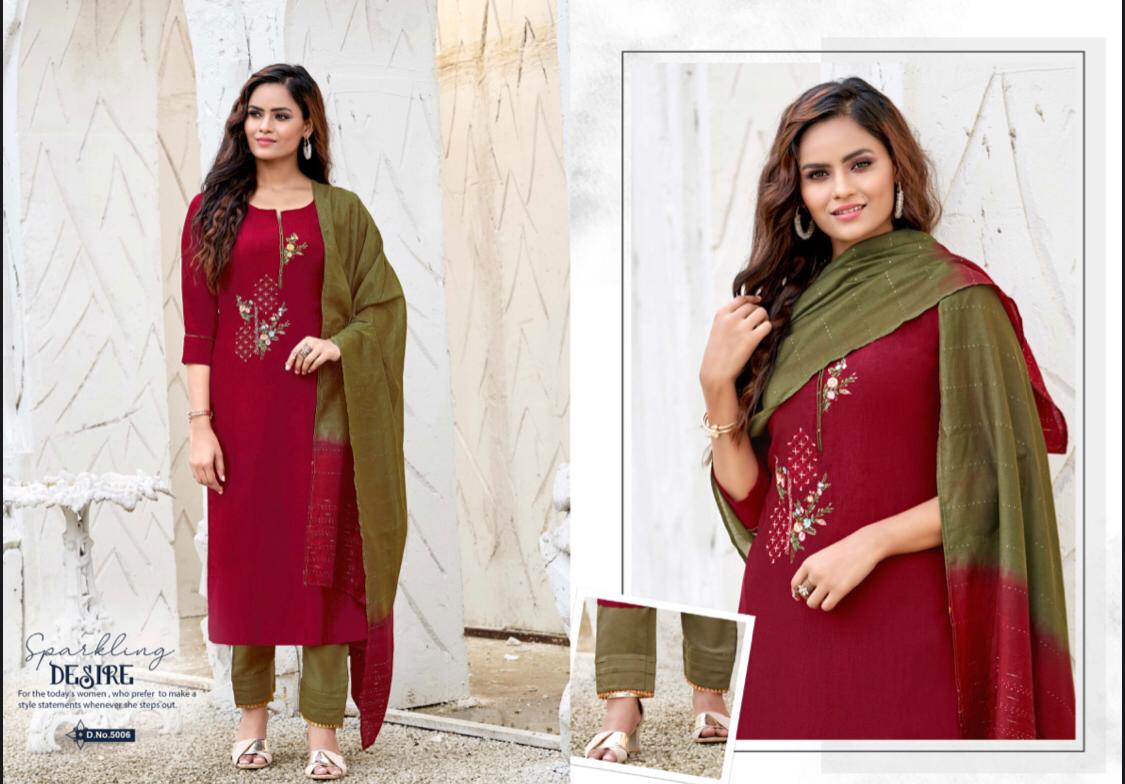 amaaya garments precious chinnon silk decent embroidary and colours kurti with bottom and dupatta catalog