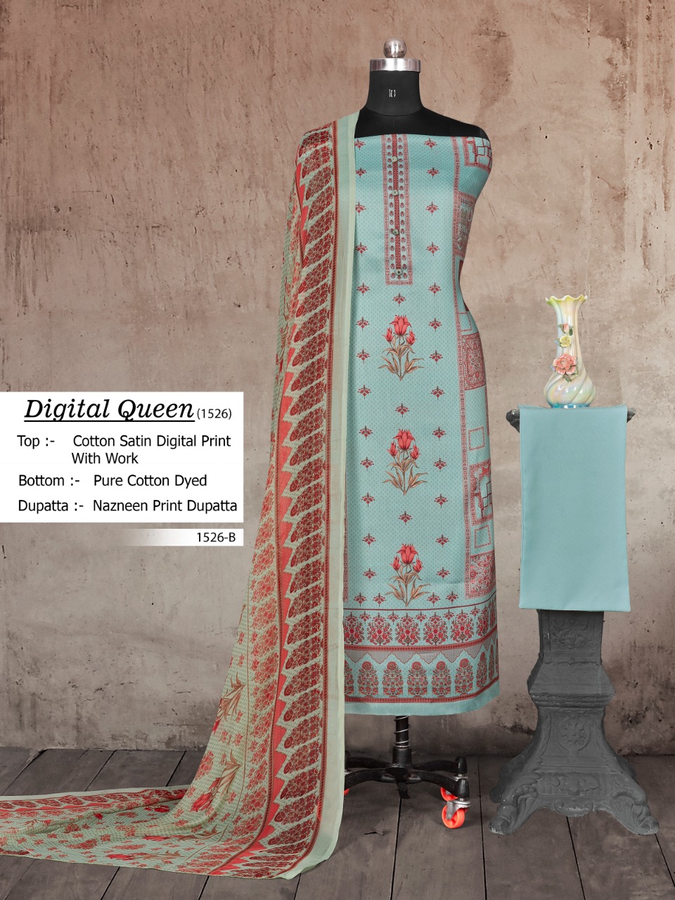 bipson digital queen d no 1526 cotton satin elegant digital print salwar suit colour set