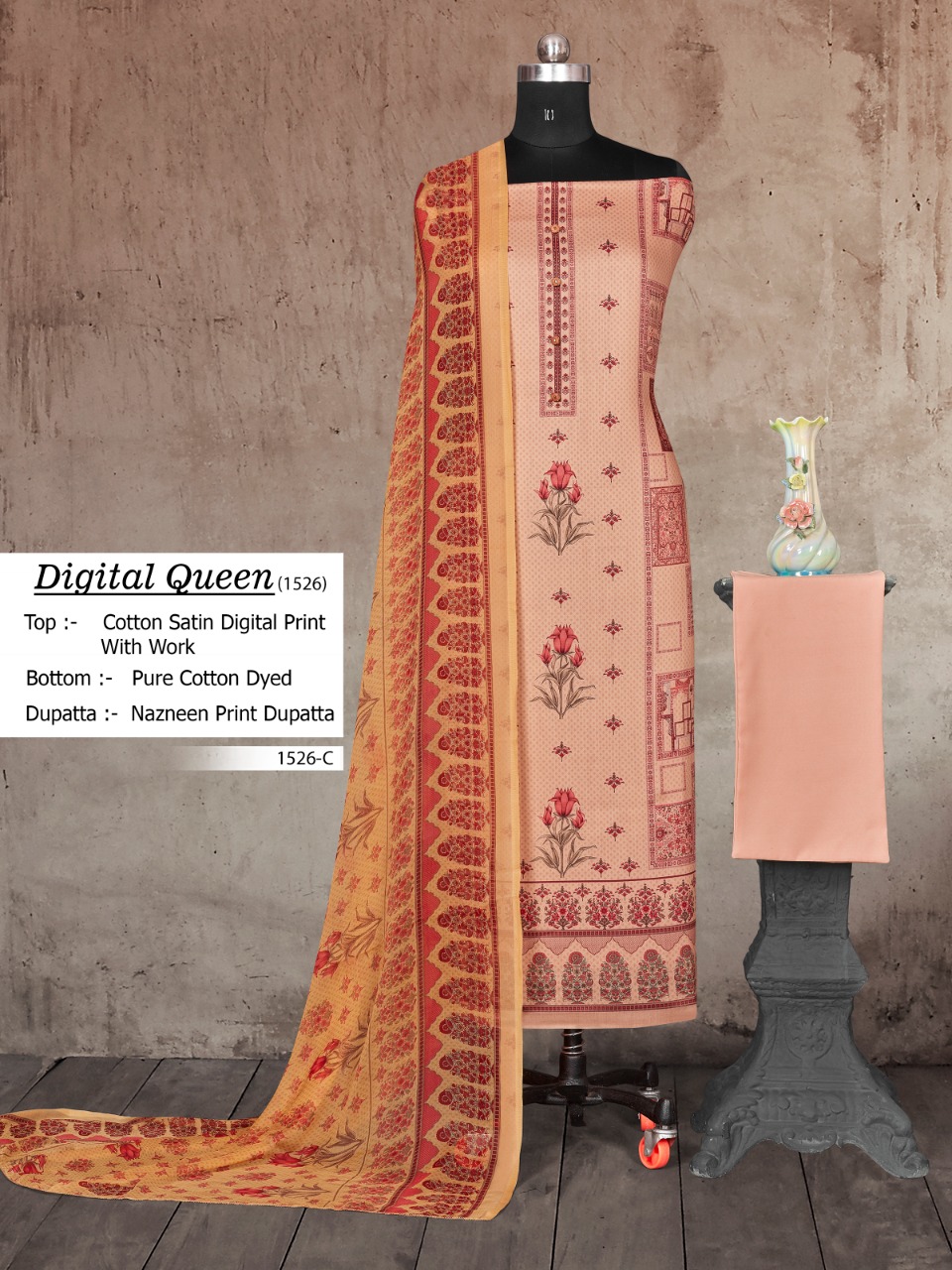 bipson digital queen d no 1526 cotton satin elegant digital print salwar suit colour set