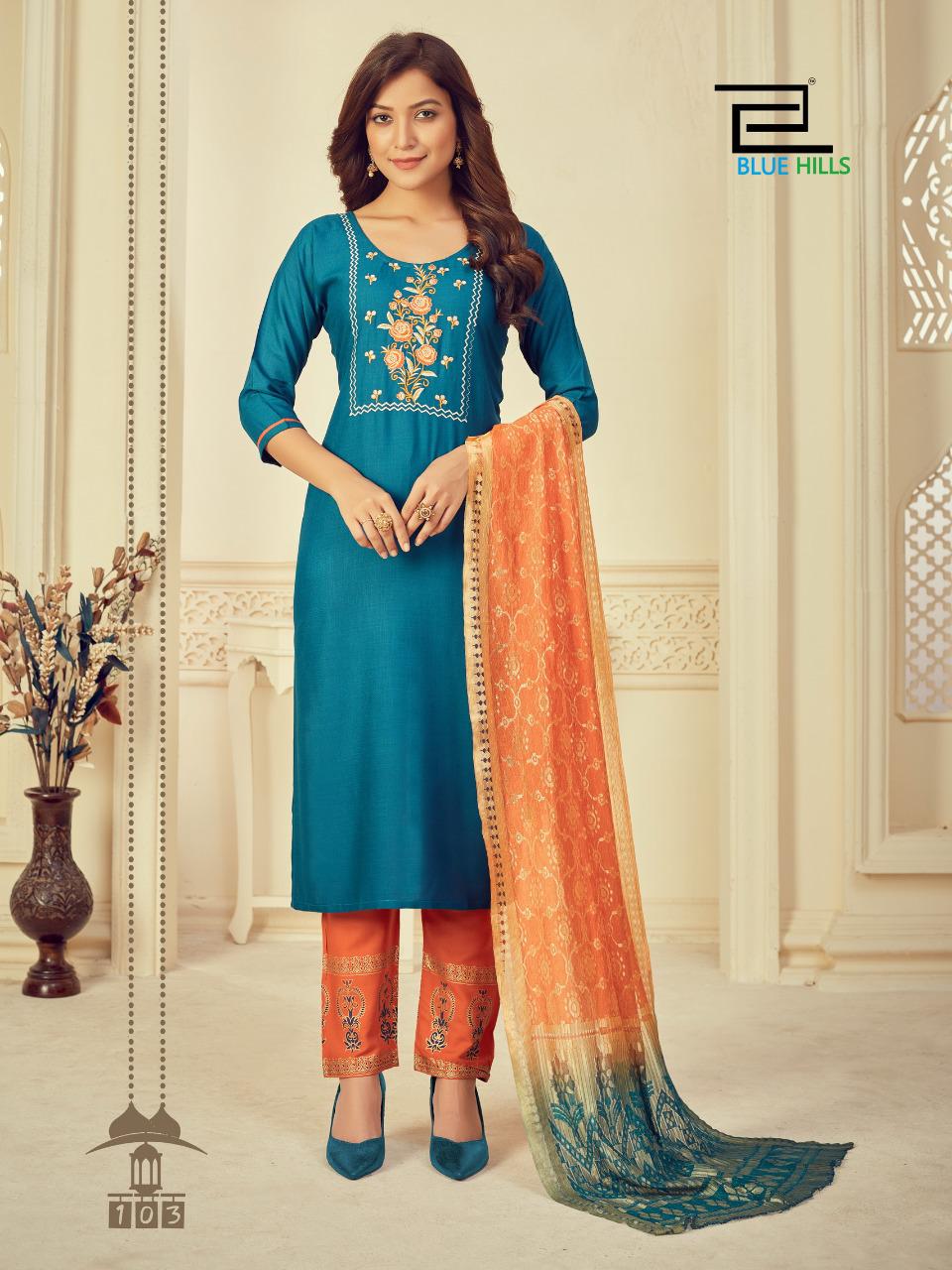 blue hills skyline vol 3 rayon astonishing top bottom and dupatta catalog