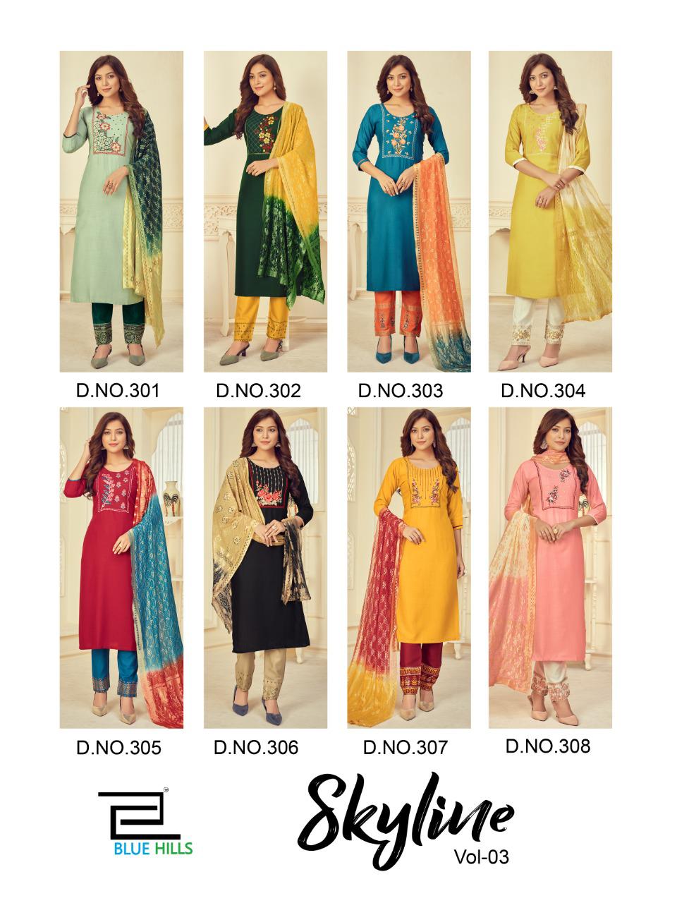 blue hills skyline vol 3 rayon astonishing top bottom and dupatta catalog