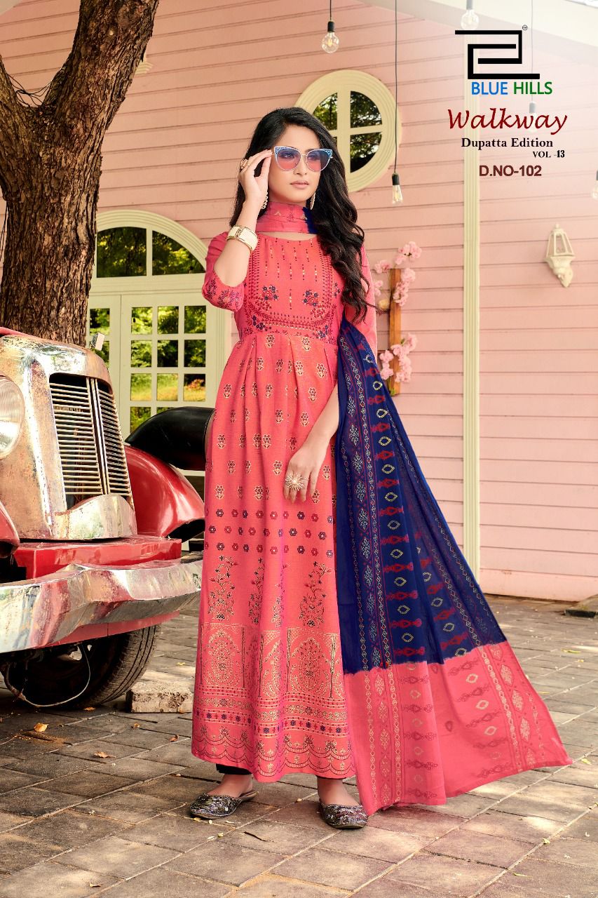 blue hills walkway vol 13 rayon exclusive look long kurti with dupatta catalog