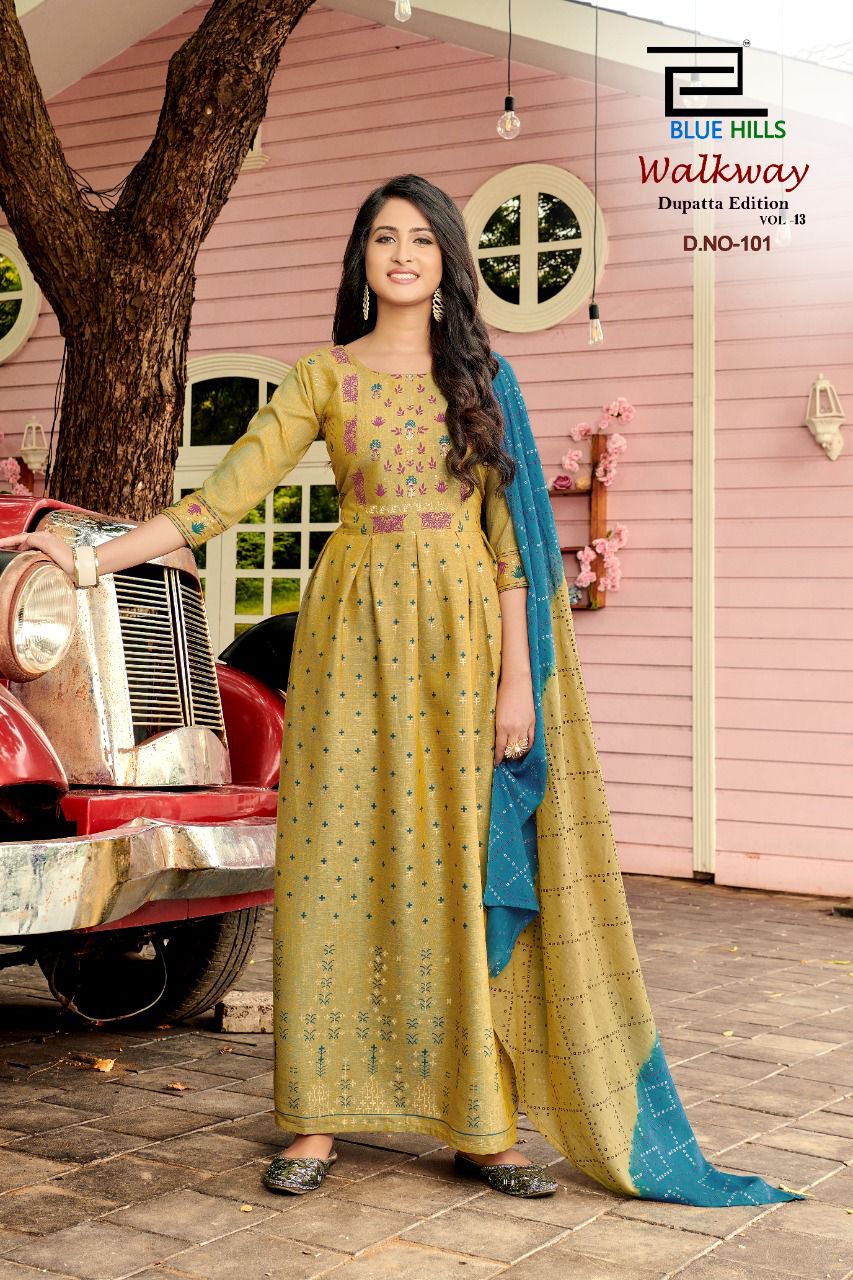 blue hills walkway vol 13 rayon exclusive look long kurti with dupatta catalog