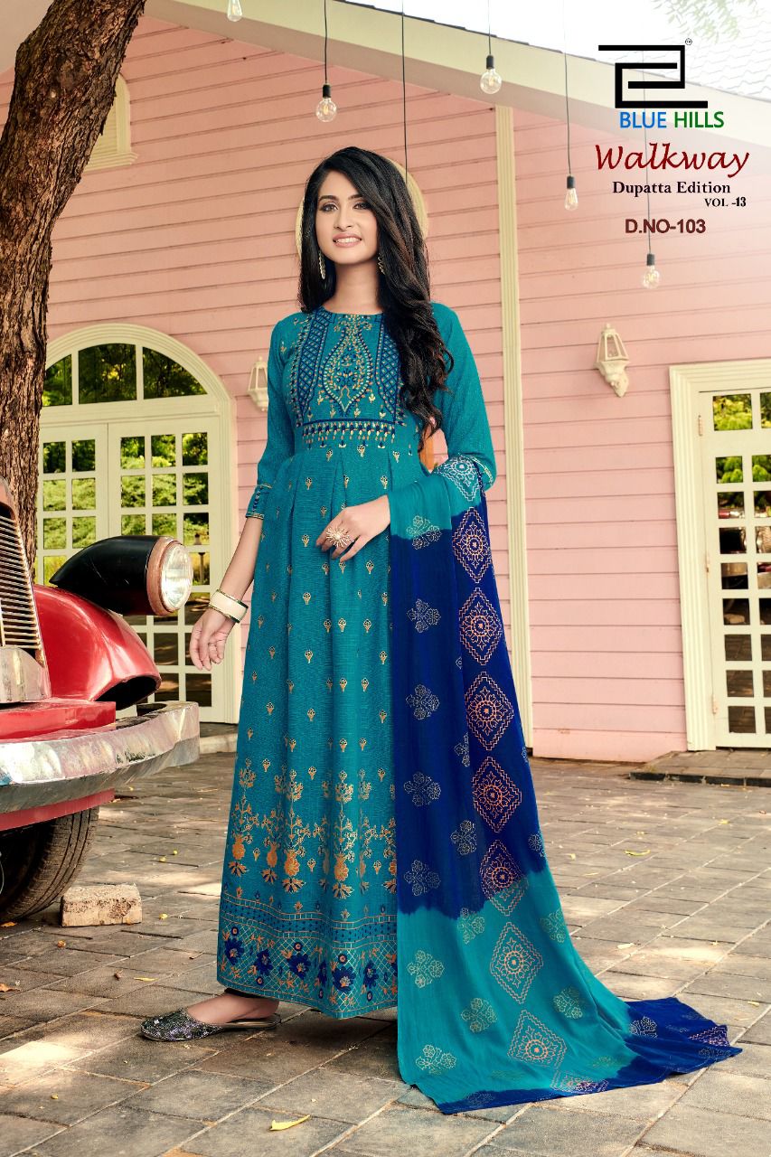 blue hills walkway vol 13 rayon exclusive look long kurti with dupatta catalog