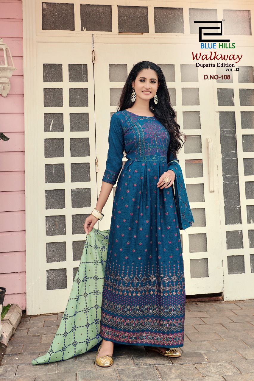 blue hills walkway vol 13 rayon exclusive look long kurti with dupatta catalog