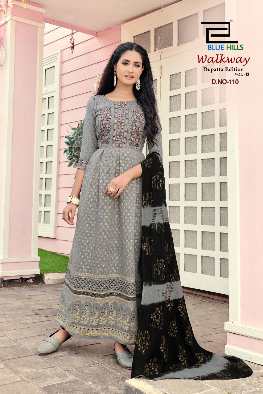 blue hills walkway vol 13 rayon exclusive look long kurti with dupatta catalog