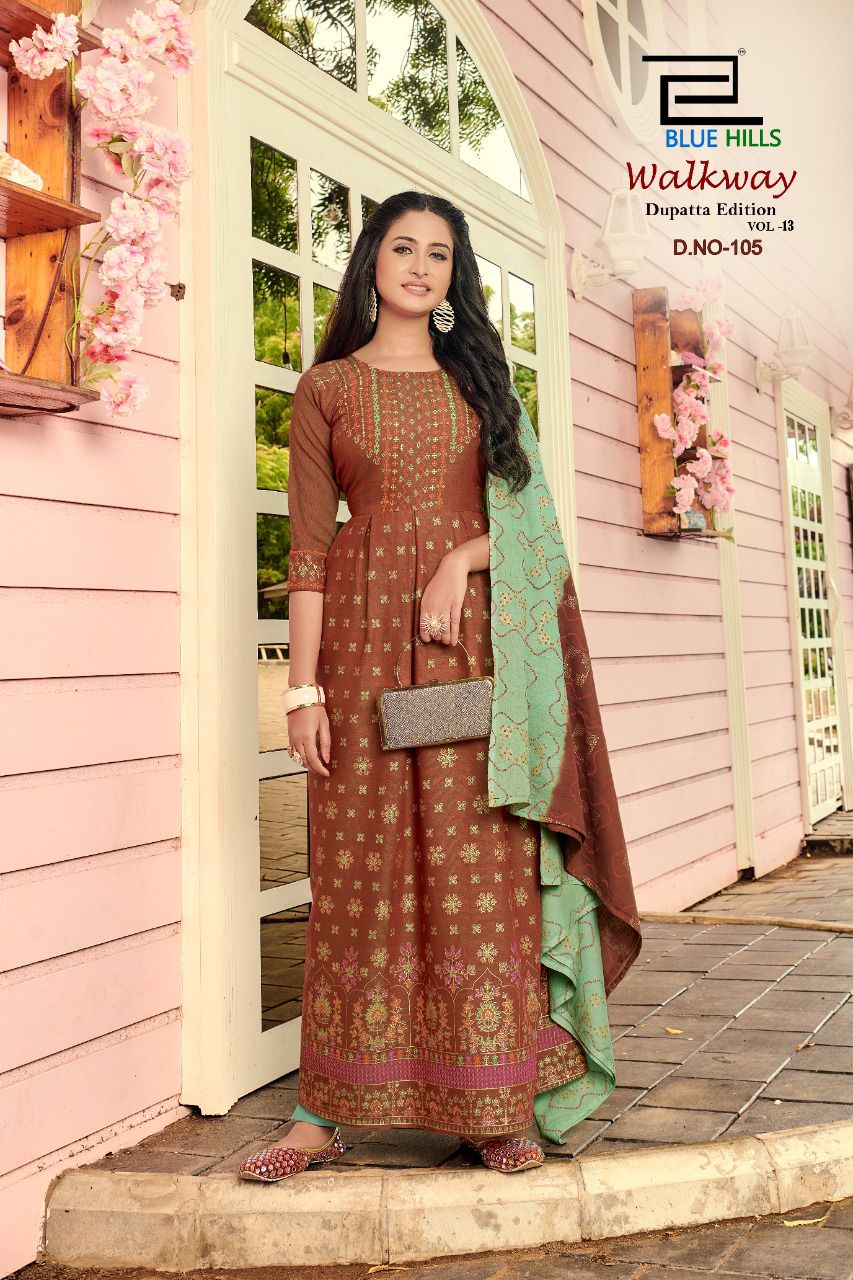 blue hills walkway vol 13 rayon exclusive look long kurti with dupatta catalog