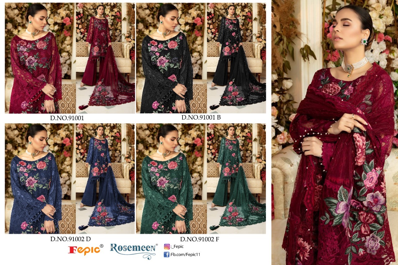 fepic rosemeen d no 91001 net heavy embroidered astonishing look salwar suit catalog