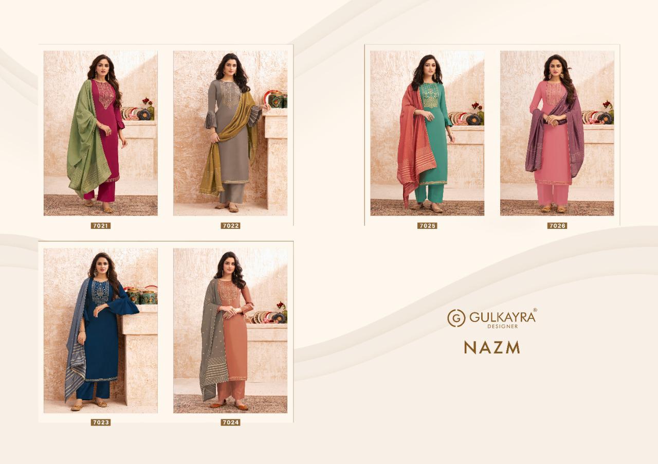 gulkayra designer nazm silk decent embroidary look salwar suit catalog