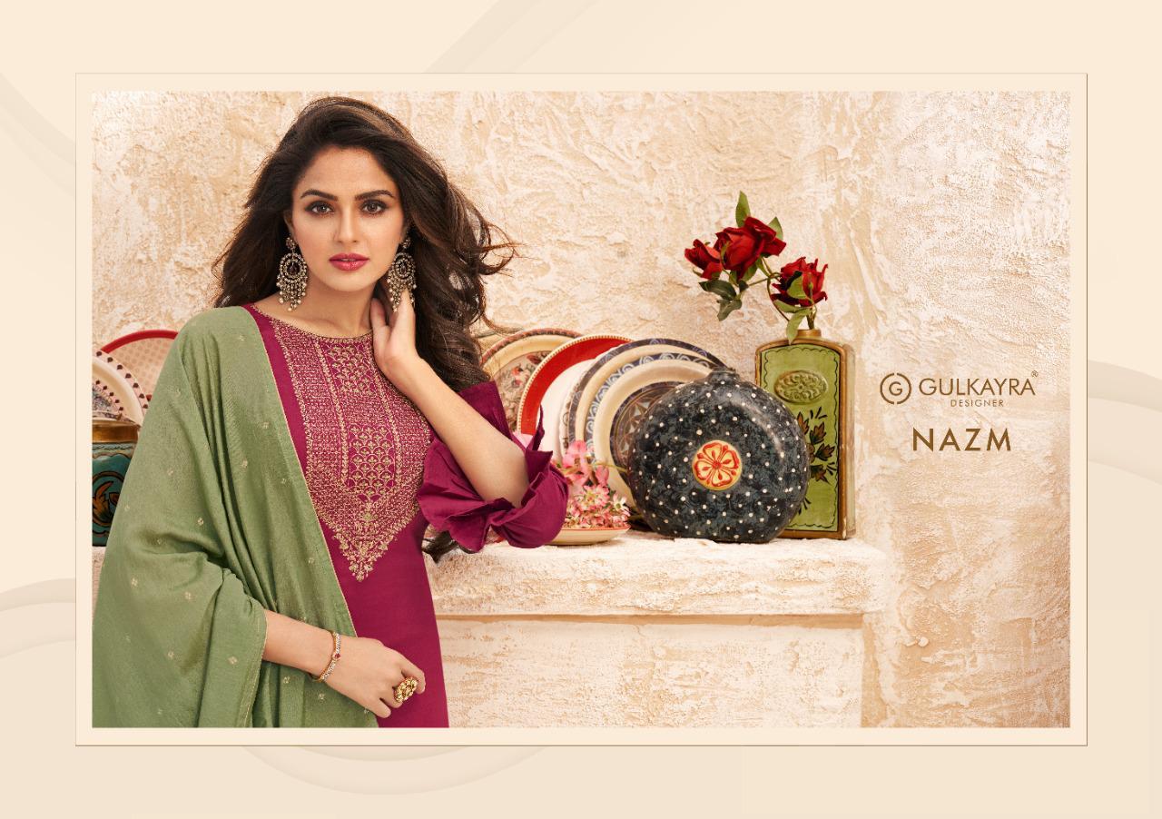 gulkayra designer nazm silk decent embroidary look salwar suit catalog