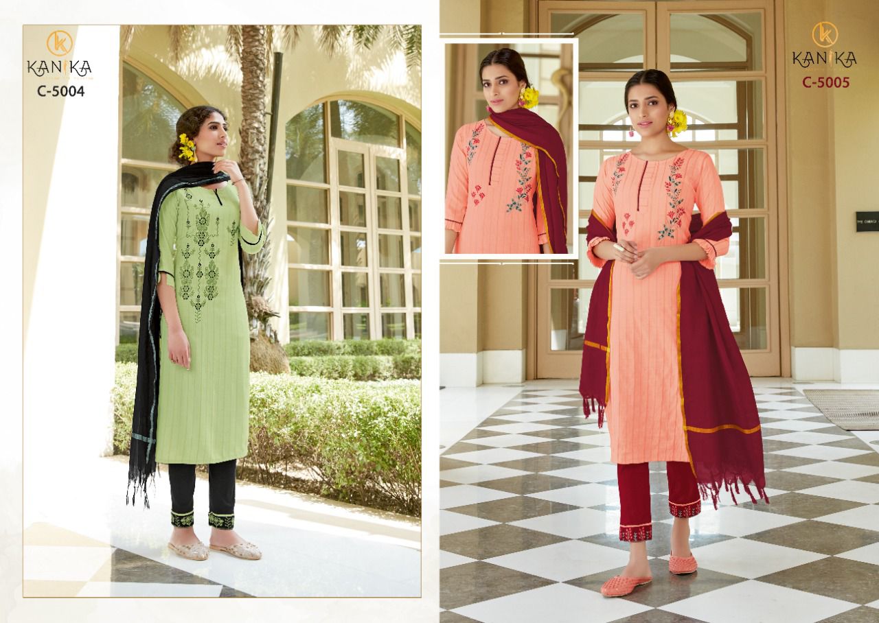 kanika charlie reyon attractive look kurti pant with dupatta catalog