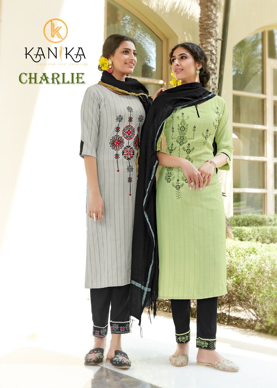 kanika charlie reyon attractive look kurti pant with dupatta catalog