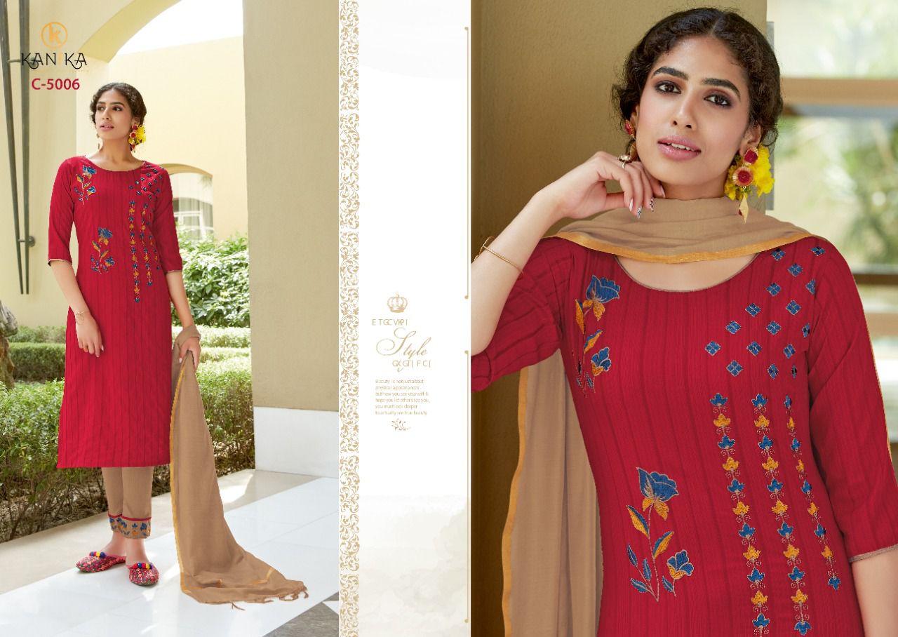 kanika charlie reyon attractive look kurti pant with dupatta catalog