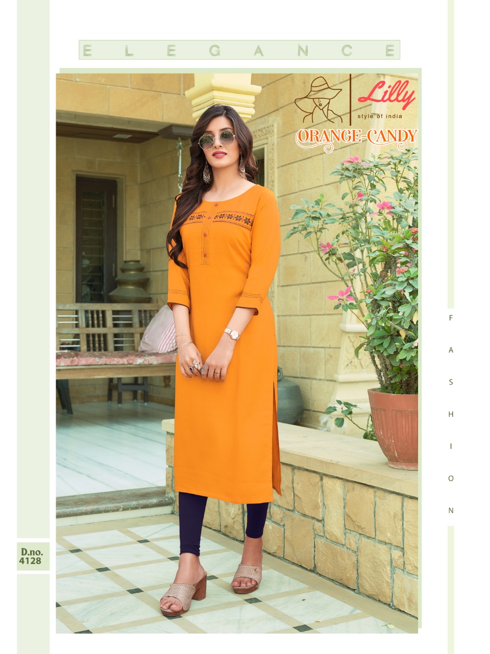 lilly style of india orange candy rayon classic trendy look kurti catalog