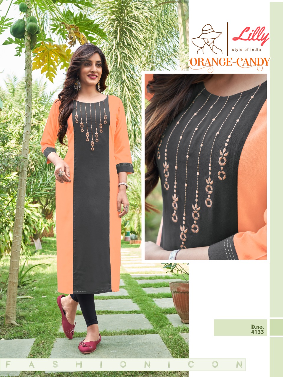 lilly style of india orange candy rayon classic trendy look kurti catalog