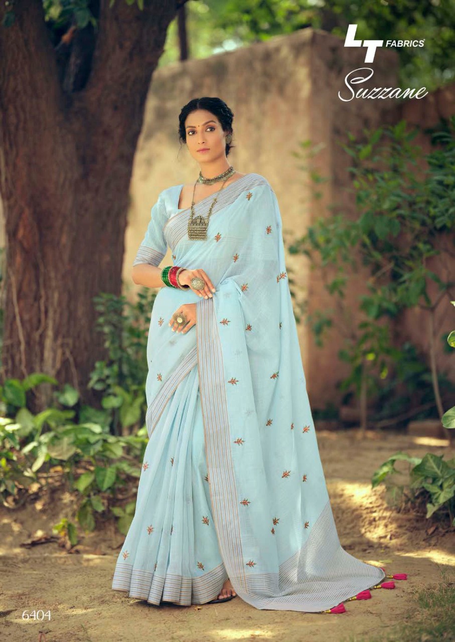 lt kashvi creation suzzane linen beautiful print saree catalog