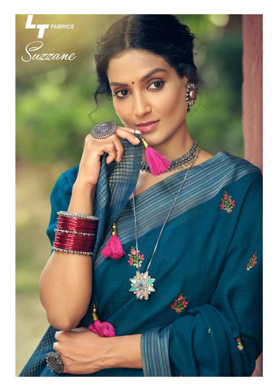 lt kashvi creation suzzane linen beautiful print saree catalog