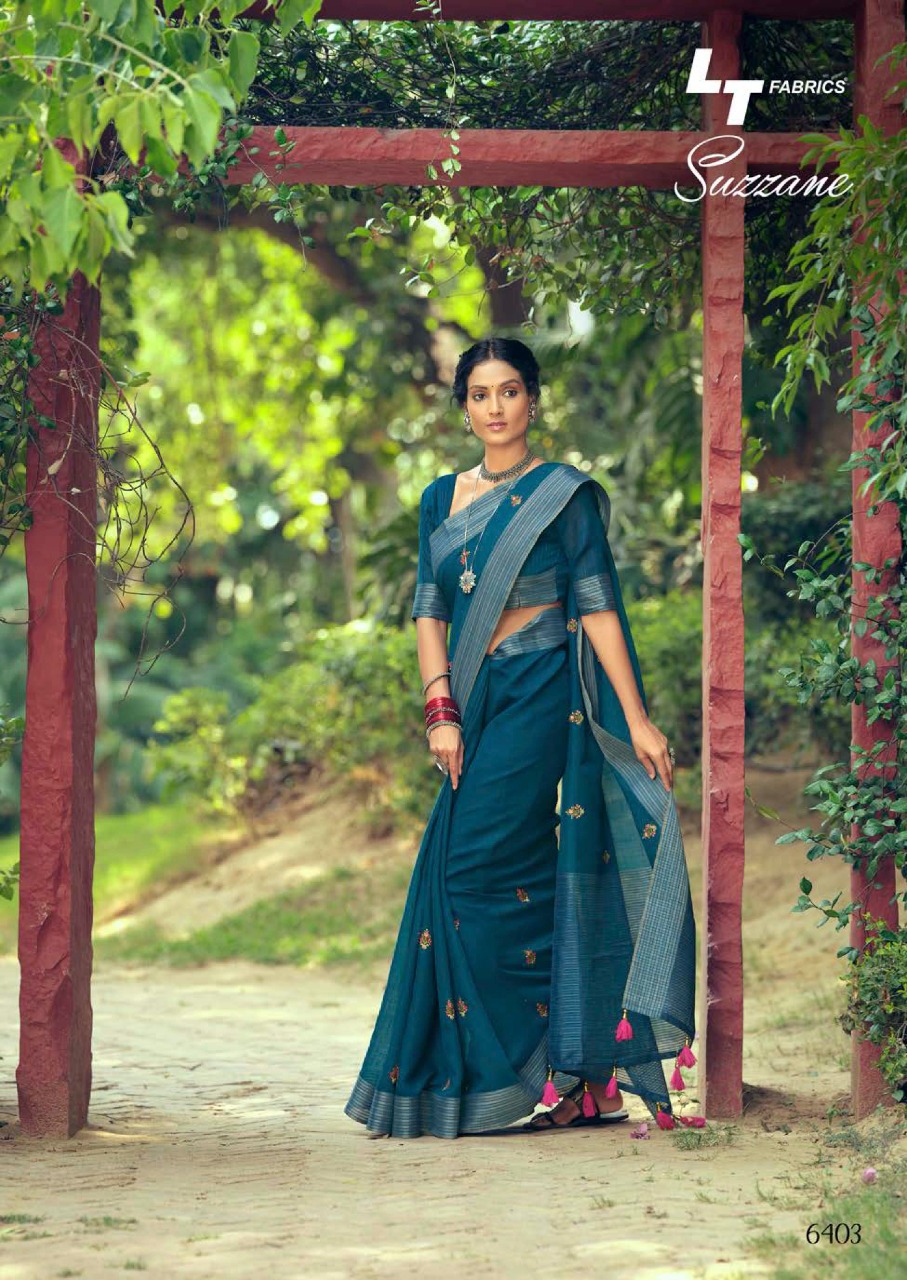 lt kashvi creation suzzane linen beautiful print saree catalog