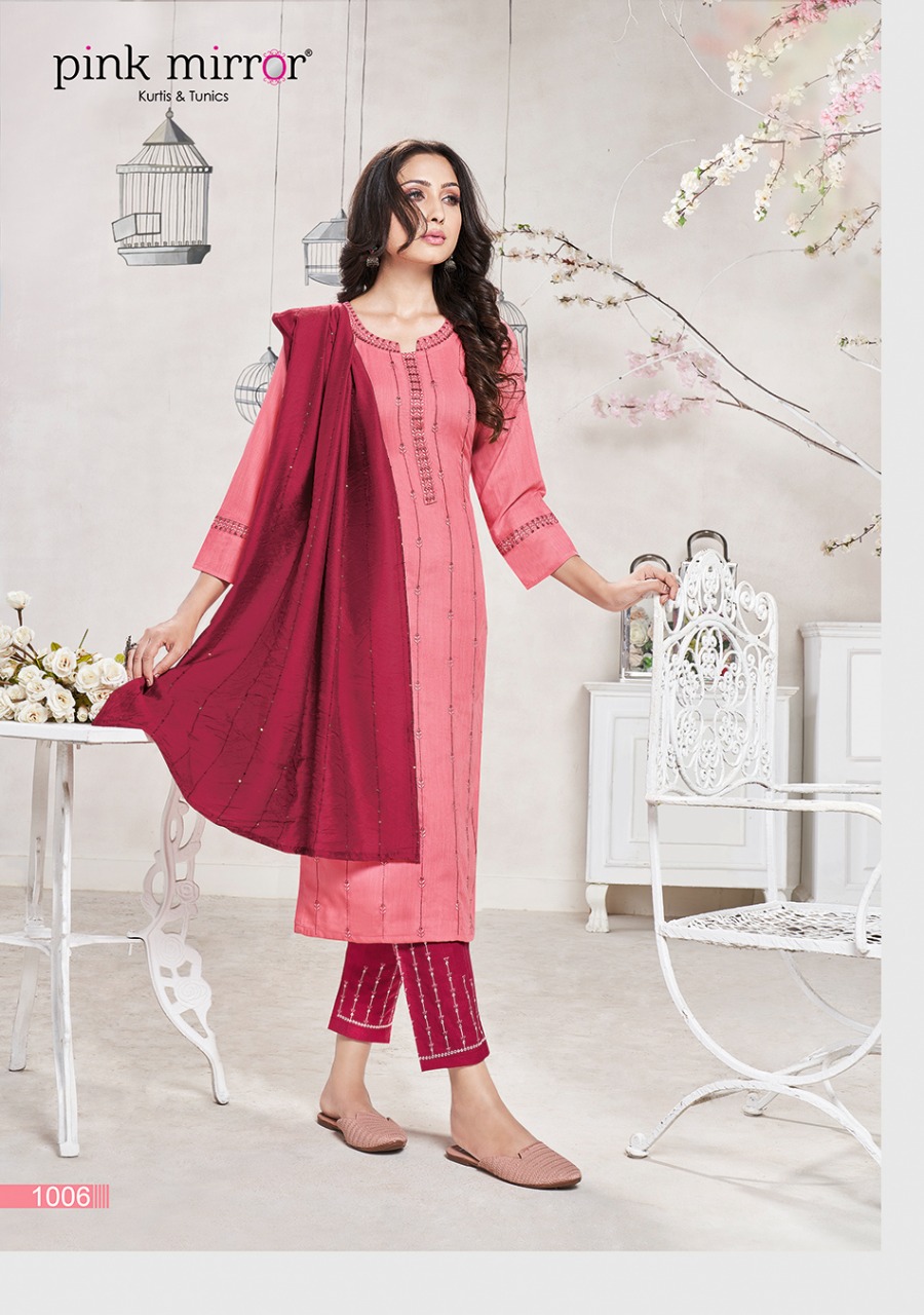 pink mirror couture viscose graceful look kurti pant with dupatta catalog