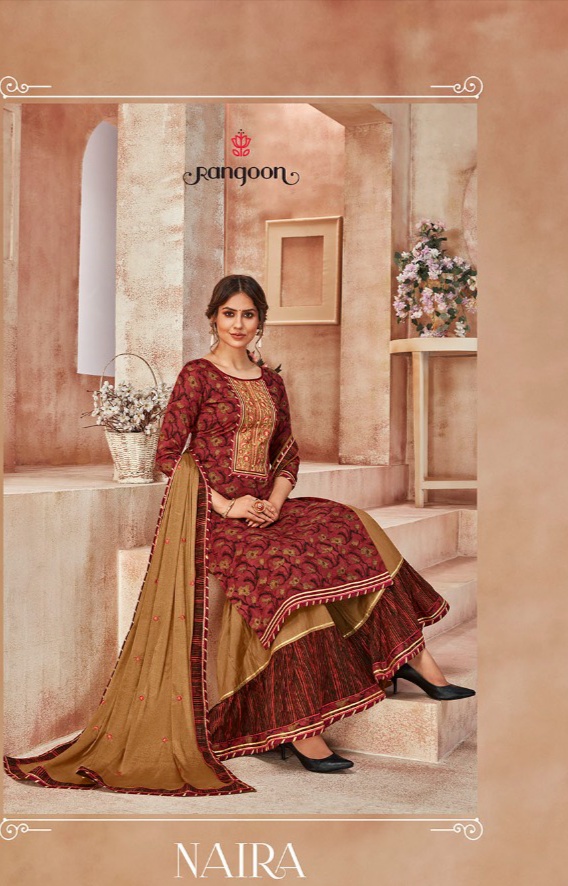 rangoon naira cotton decent look top bottom with dupatta catalog