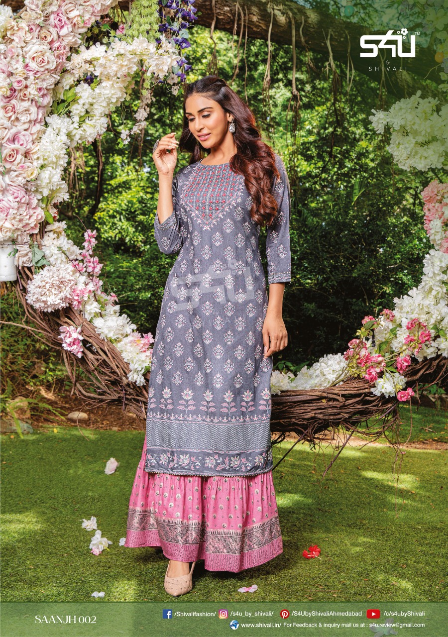 s4u saanjh graceful look kurti with sharara catalog