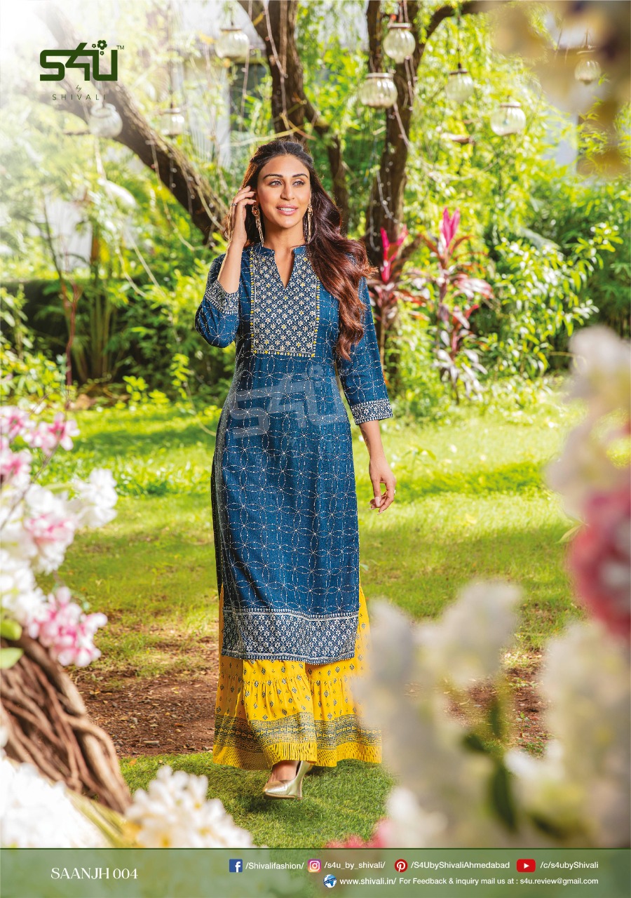 s4u saanjh graceful look kurti with sharara catalog