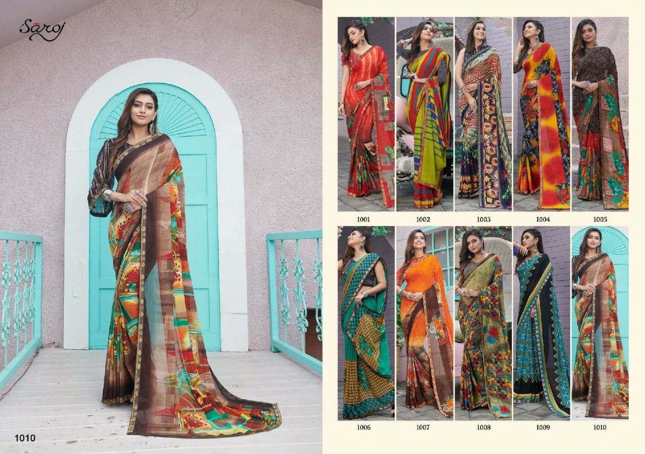 saroj aasma georgette catchy print saree catalog