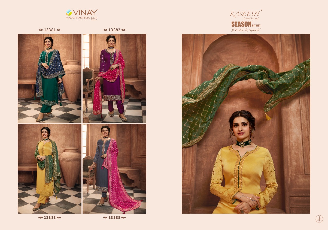 vinay fashion kaseesh season hitlist muslin satin attrective embroidary look salwar suit catalog