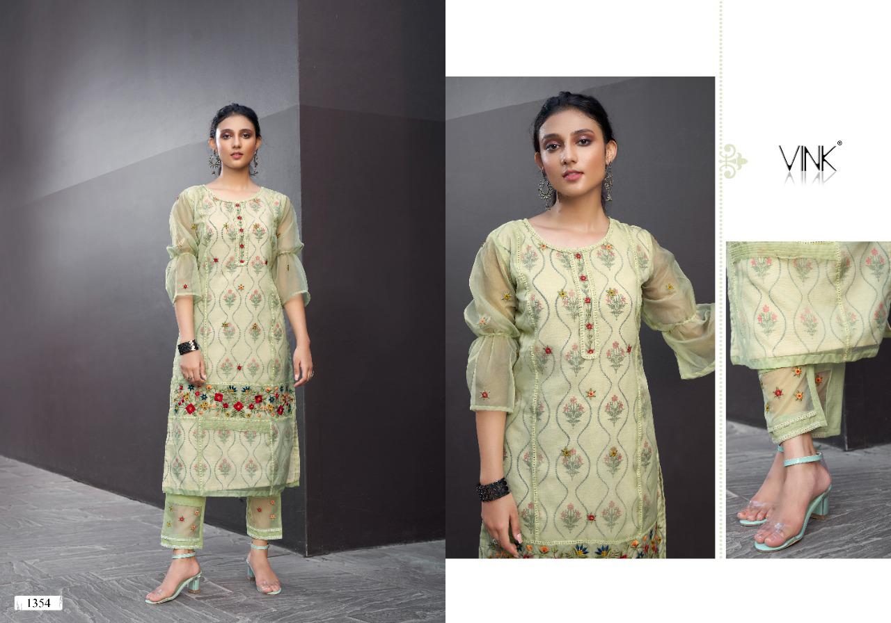 vink platinum vol 2 organza decent embroidary look kurti with pant catalog