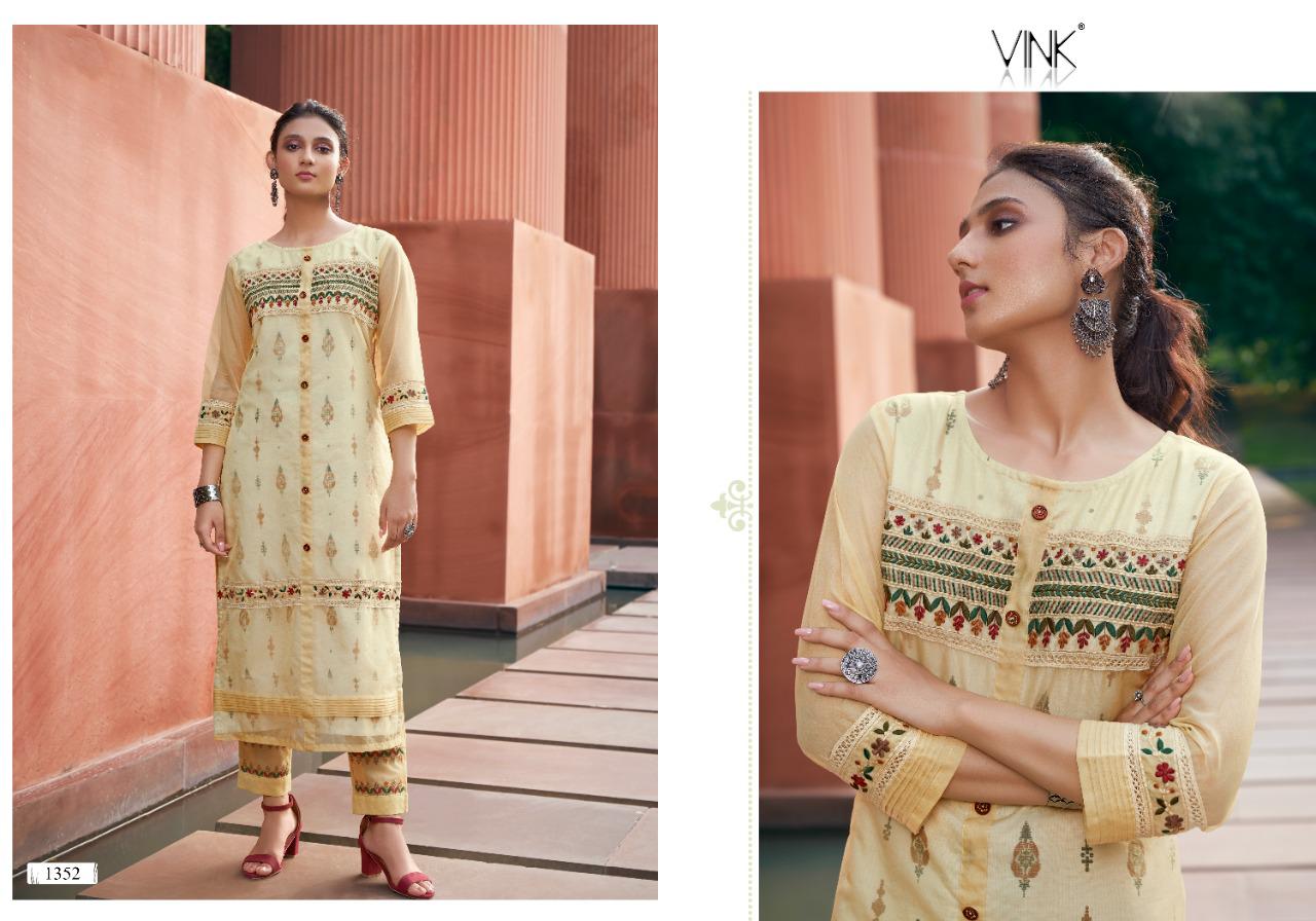 vink platinum vol 2 organza decent embroidary look kurti with pant catalog