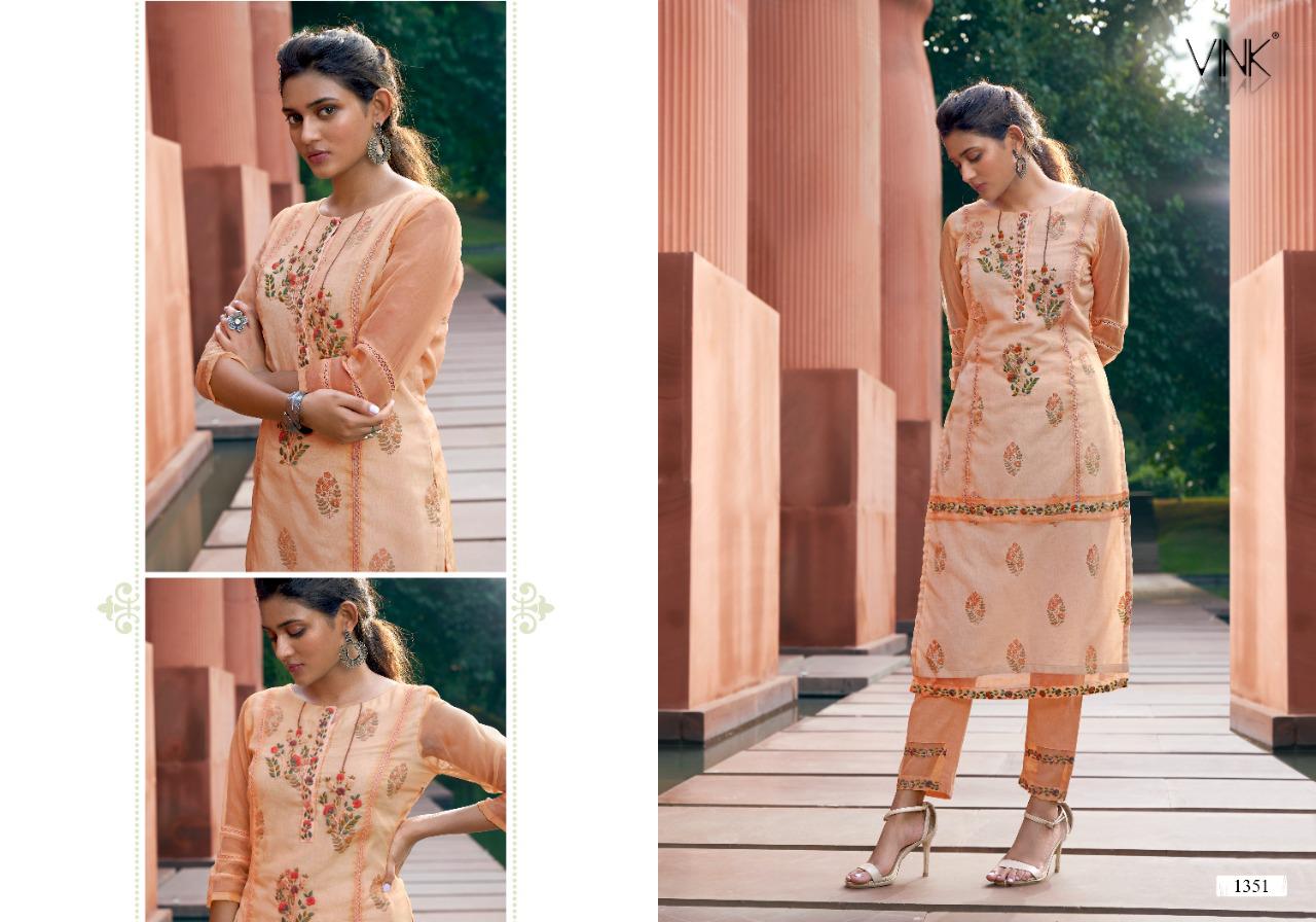 vink platinum vol 2 organza decent embroidary look kurti with pant catalog