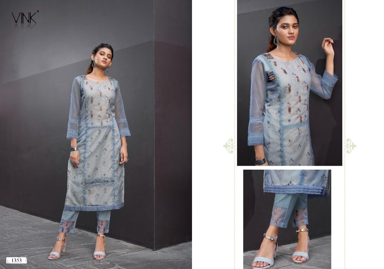 vink platinum vol 2 organza decent embroidary look kurti with pant catalog