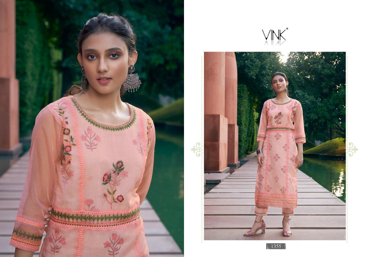 vink platinum vol 2 organza decent embroidary look kurti with pant catalog