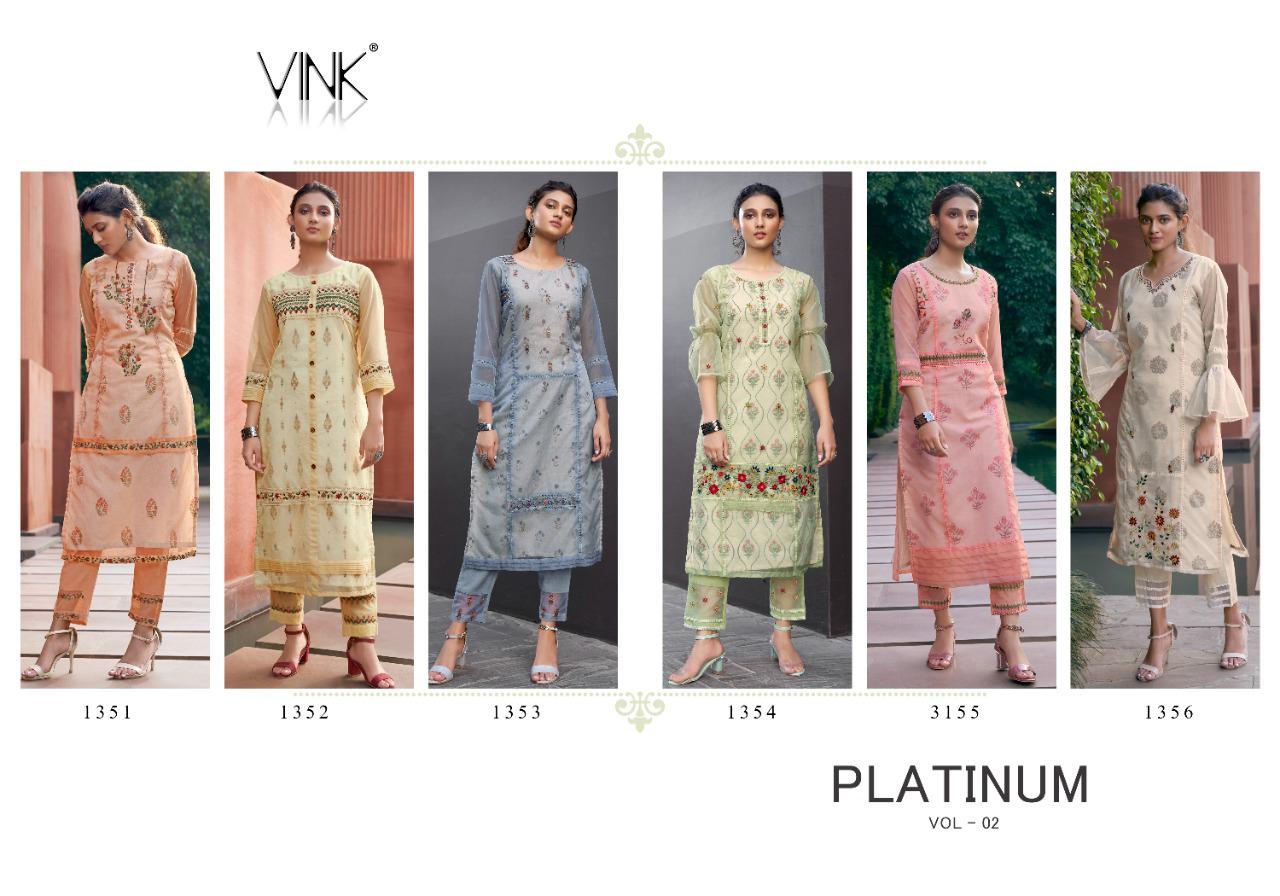 vink platinum vol 2 organza decent embroidary look kurti with pant catalog