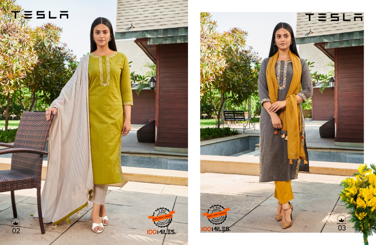 100 miiles tesla cotton elegant look kurti pant with dupatta catalog