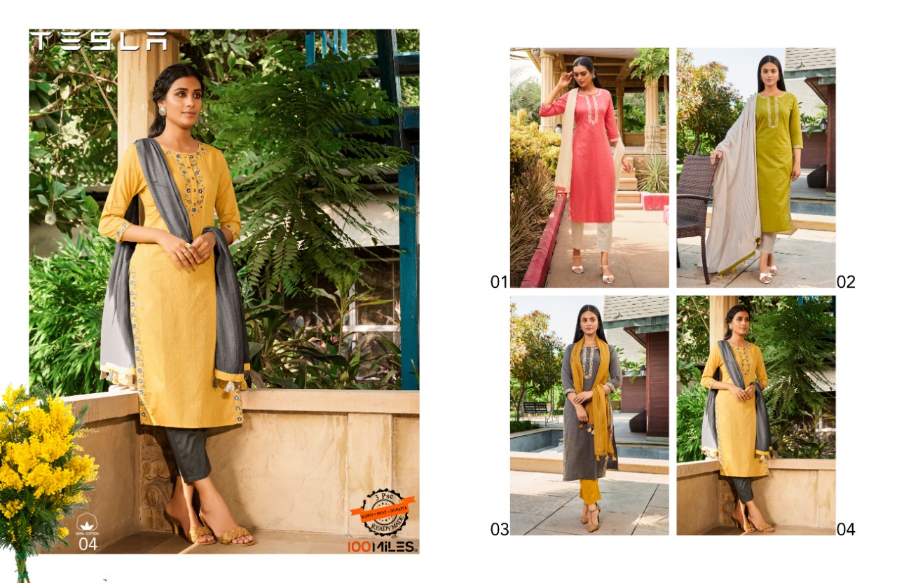 100 miiles tesla cotton elegant look kurti pant with dupatta catalog