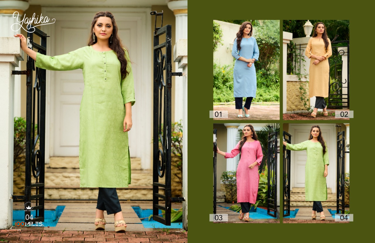 100 miles yashika cotton classic trendy look kurti catalog