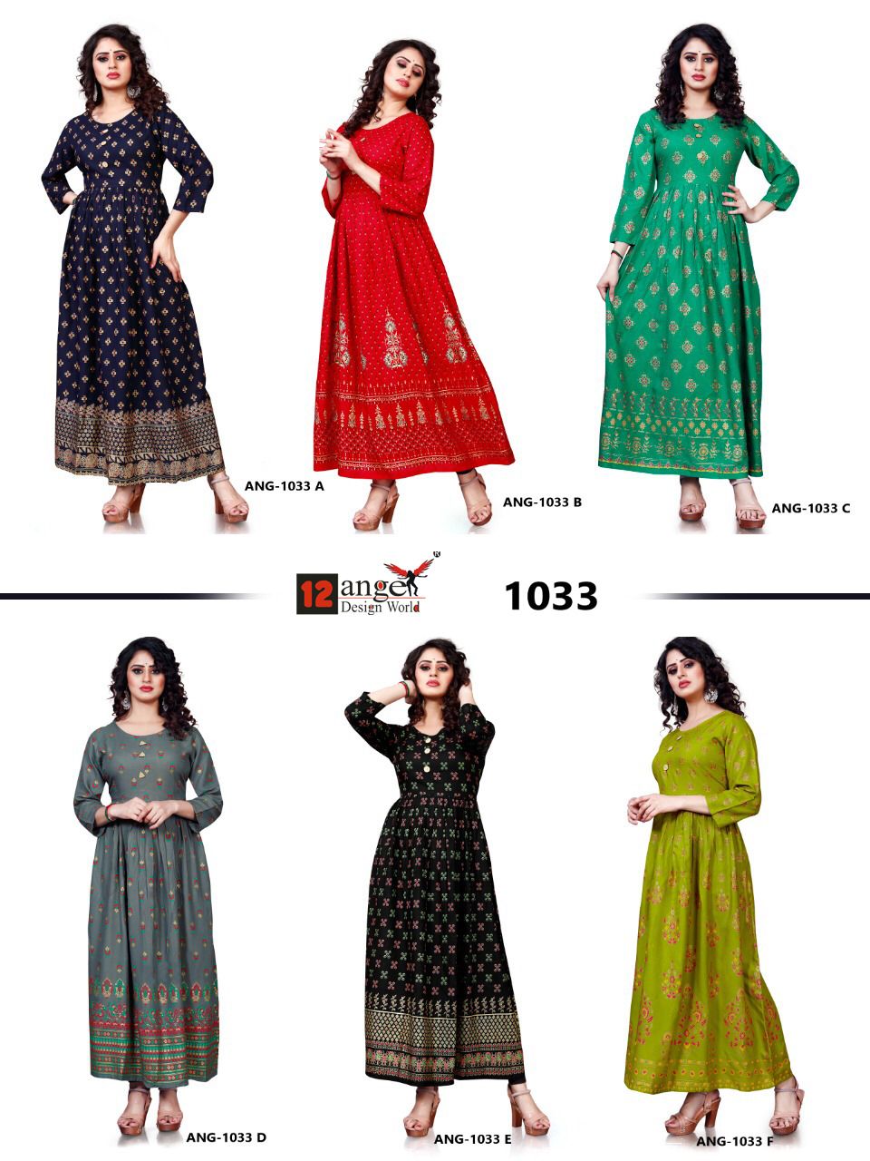 12Angel Designe world ang 1033 rayon innovative gown style kurti catalog