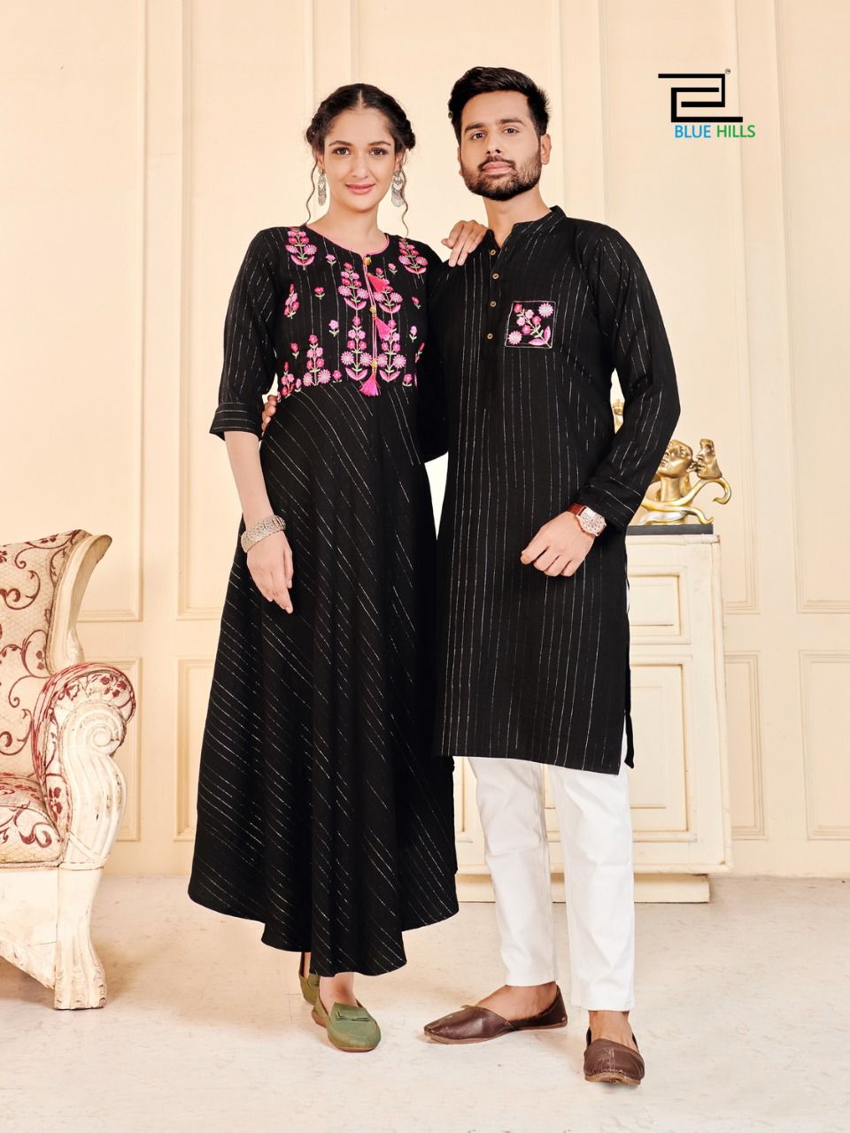 blue hills love birds rayon Classic embroidery work partywear combo men and women kurti and kurta catalog