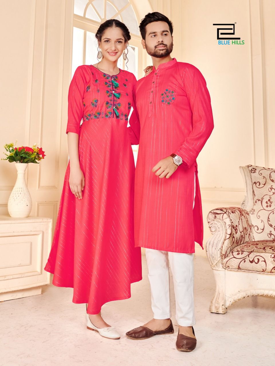 blue hills love birds rayon Classic embroidery work partywear combo men and women kurti and kurta catalog