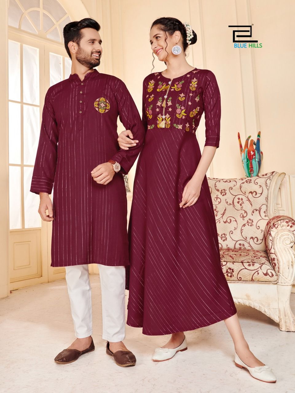 blue hills love birds rayon Classic embroidery work partywear combo men and women kurti and kurta catalog