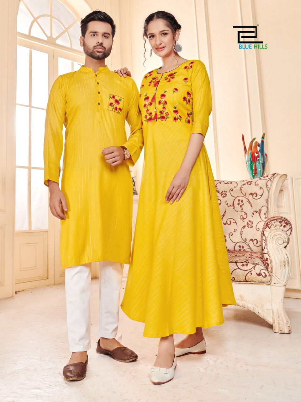 blue hills love birds rayon Classic embroidery work partywear combo men and women kurti and kurta catalog