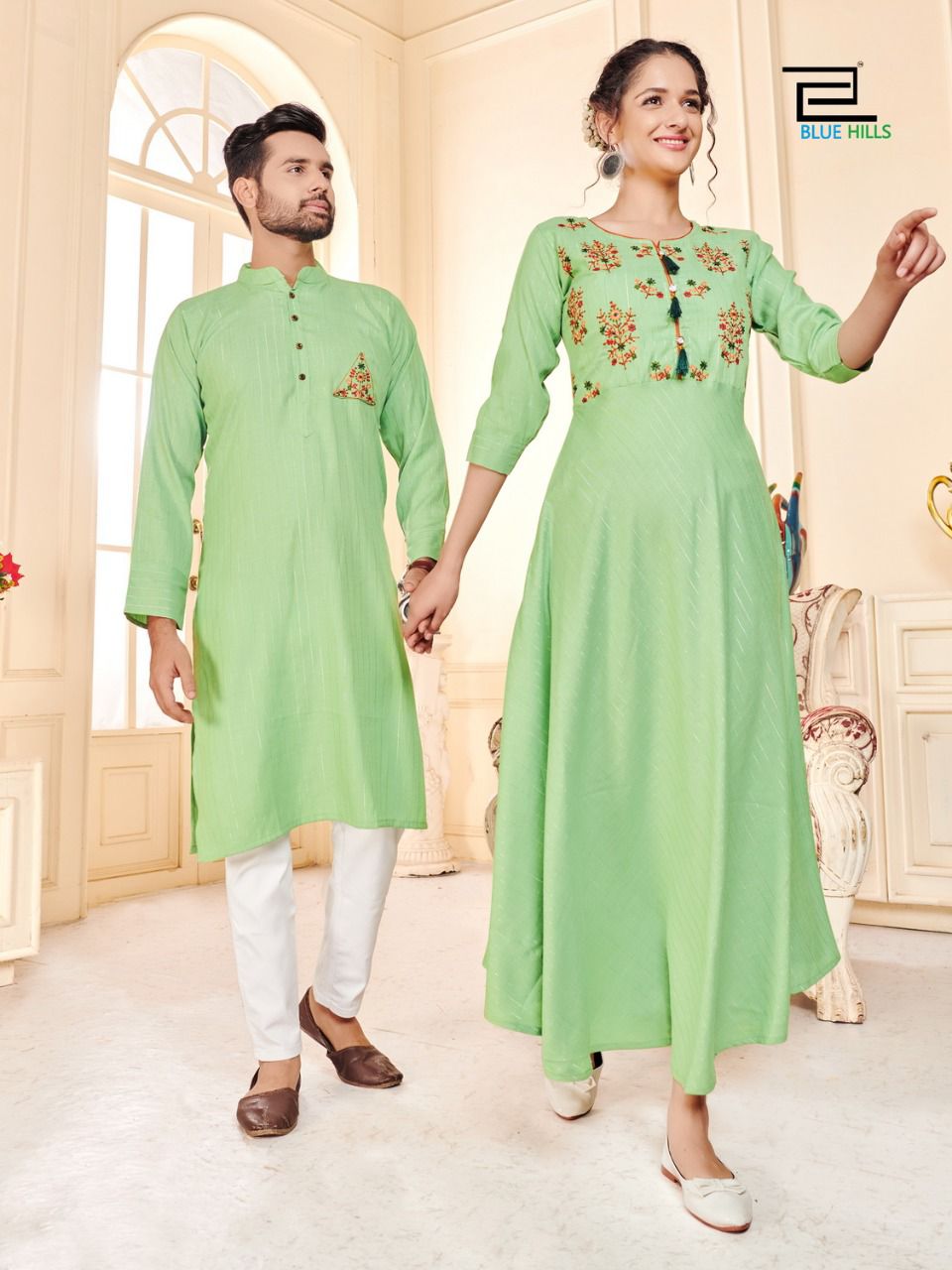 blue hills love birds rayon Classic embroidery work partywear combo men and women kurti and kurta catalog