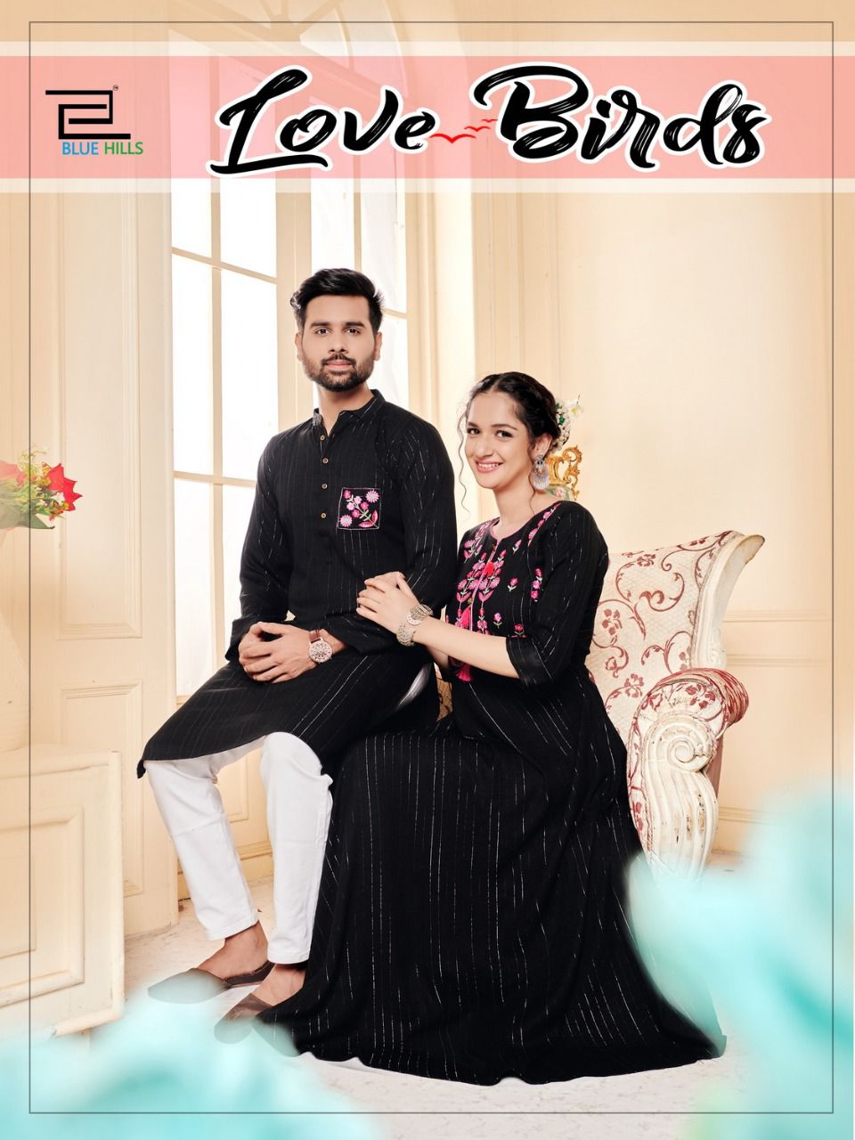 blue hills love birds rayon Classic embroidery work partywear combo men and women kurti and kurta catalog