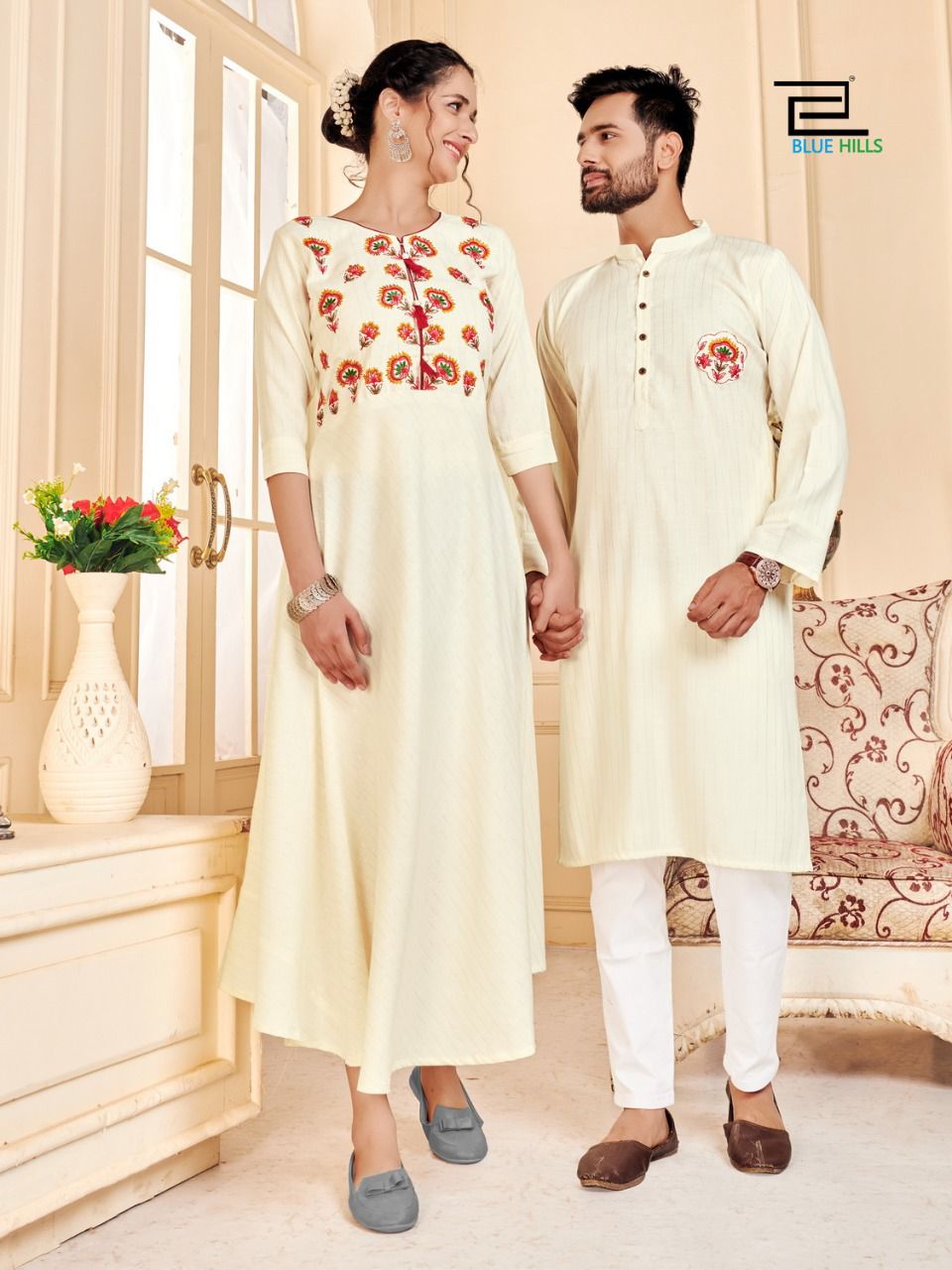 blue hills love birds rayon Classic embroidery work partywear combo men and women kurti and kurta catalog