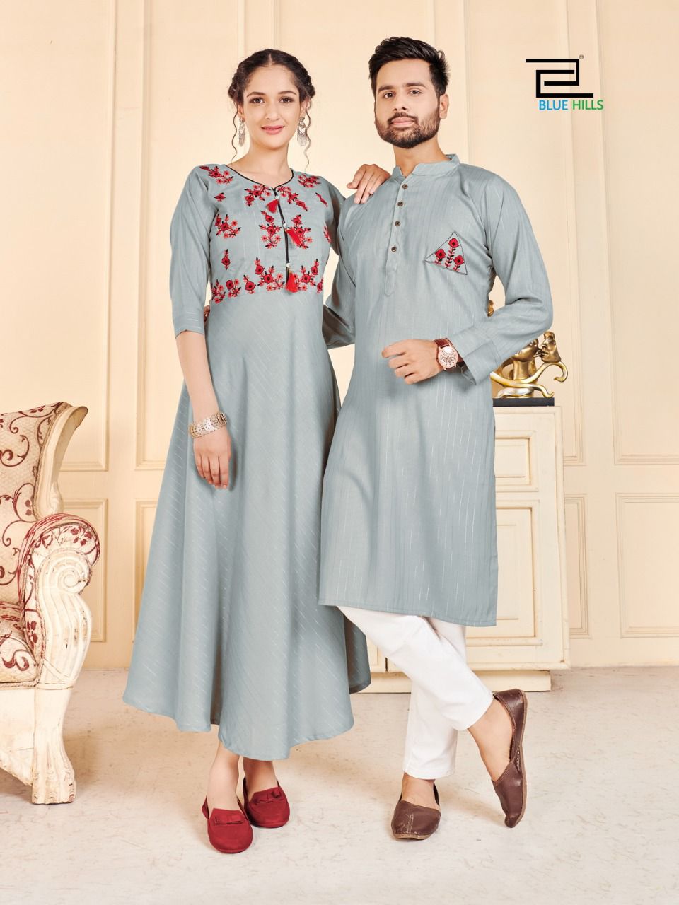 blue hills love birds rayon Classic embroidery work partywear combo men and women kurti and kurta catalog