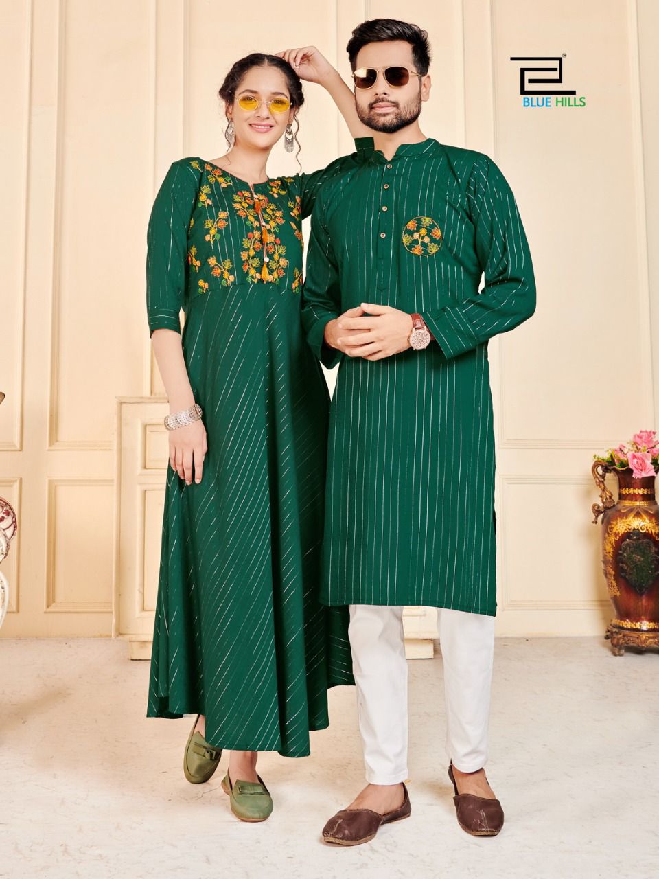 blue hills love birds rayon Classic embroidery work partywear combo men and women kurti and kurta catalog