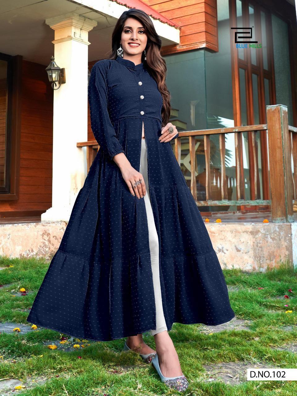 bluehills amayra nx georgget classic trendy look long gown kurti catalog